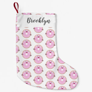 Cute happy pink glazed doughnut cartoon small christmas stocking