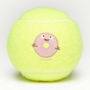 Cute happy pink glazed doughnut cartoon tennis balls