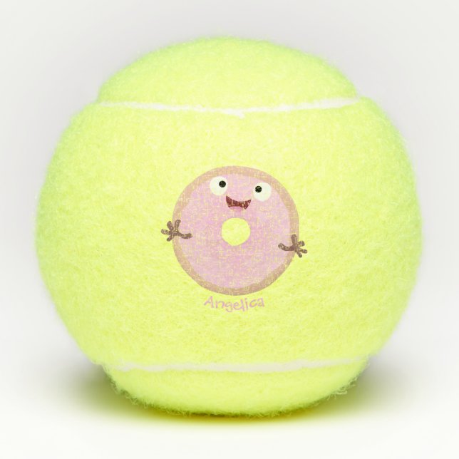Cute happy pink glazed doughnut cartoon tennis balls (Front)