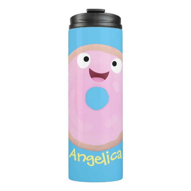 Cute happy pink glazed doughnut cartoon thermal tumbler (Front)