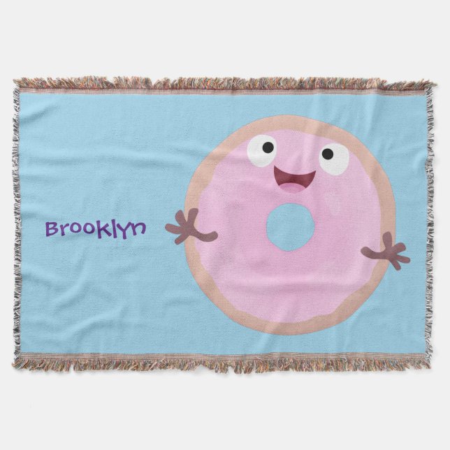 Cute happy pink glazed doughnut cartoon throw blanket (Front)