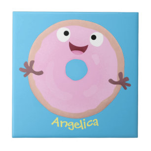 Cute happy pink glazed doughnut cartoon tile