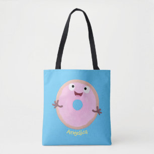 Cute happy pink glazed doughnut cartoon tote bag