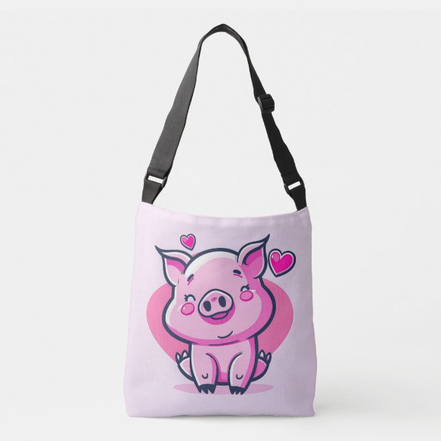 Cute Happy Pink Pig Hearts Valentine Inspired | Crossbody Bag (Front)