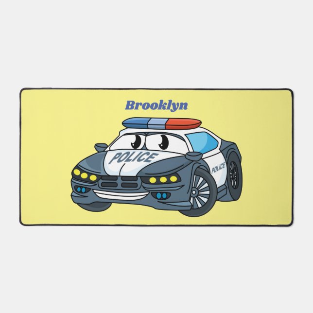 Cute happy police car cartoon illustration desk mat (Front)