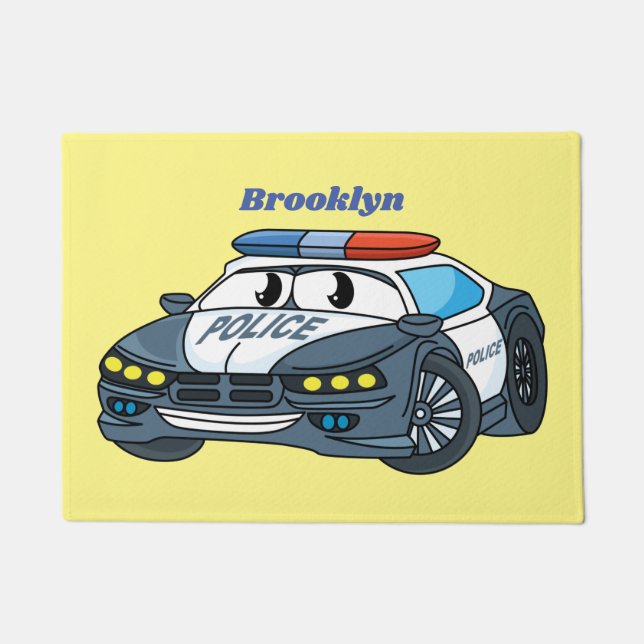 Cute happy police car cartoon illustration doormat (Front)