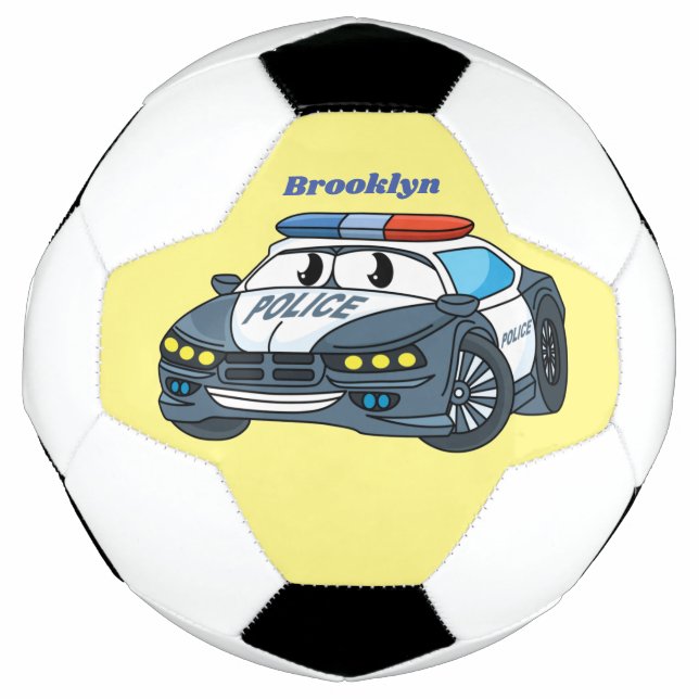 Cute happy police car cartoon illustration football (Front)