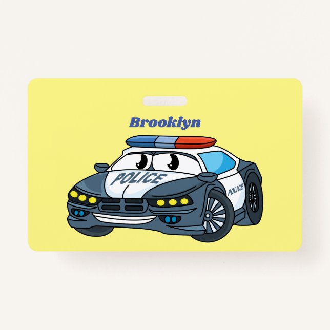 Cute happy police car cartoon illustration ID badge (Front)