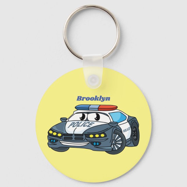 Cute happy police car cartoon illustration key ring (Front)