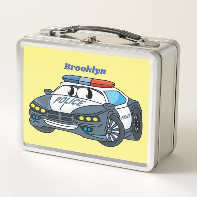 Cute happy police car cartoon illustration metal lunch box (Front)