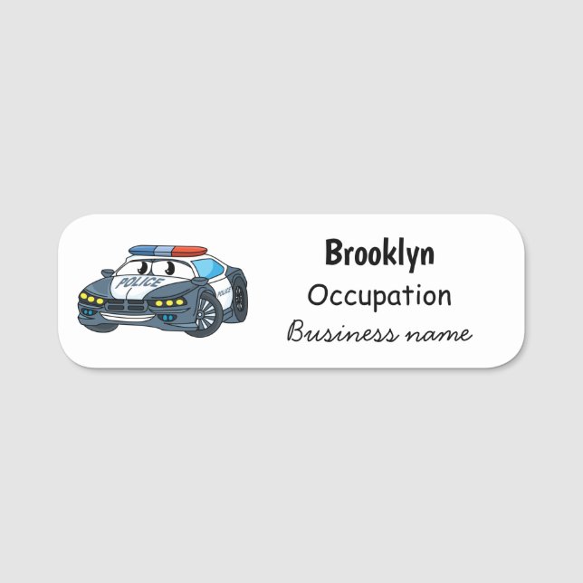 Cute happy police car cartoon illustration name tag (Front)
