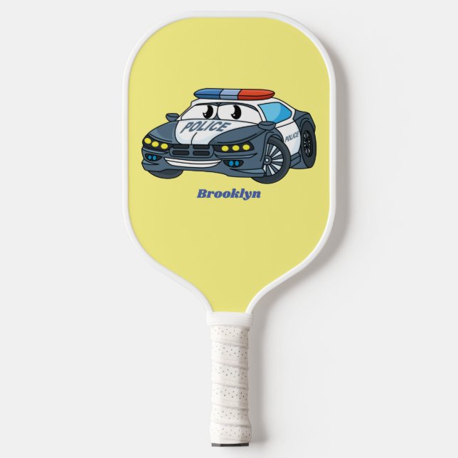 Cute happy police car cartoon illustration  pickleball paddle (Front)