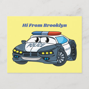 Cute happy police car cartoon illustration postcard