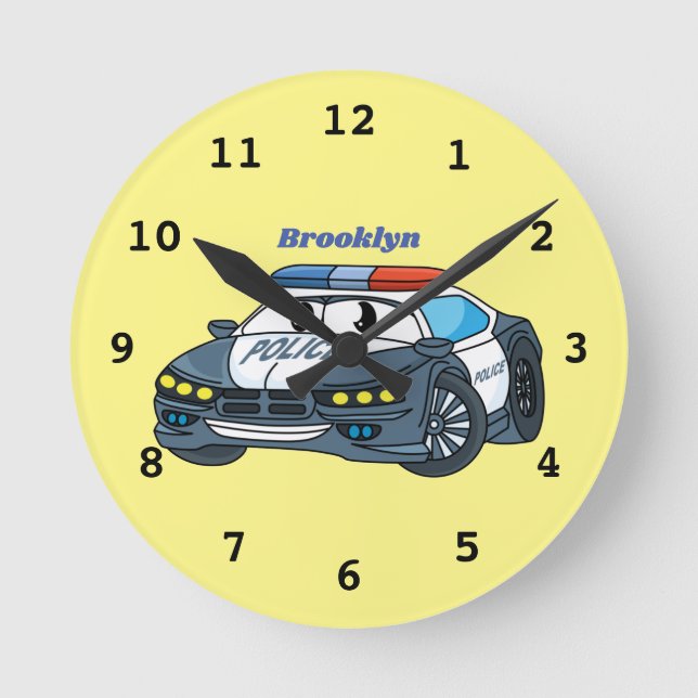 Cute happy police car cartoon illustration round clock (Front)