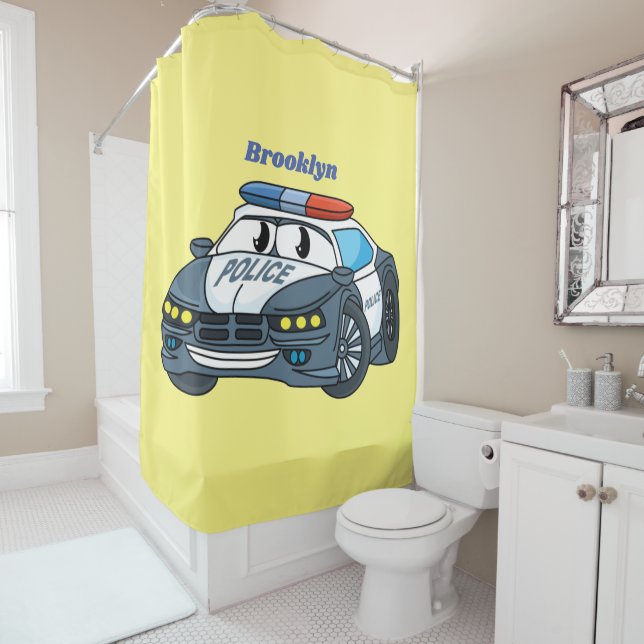 Cute happy police car cartoon illustration shower curtain (In Situ)