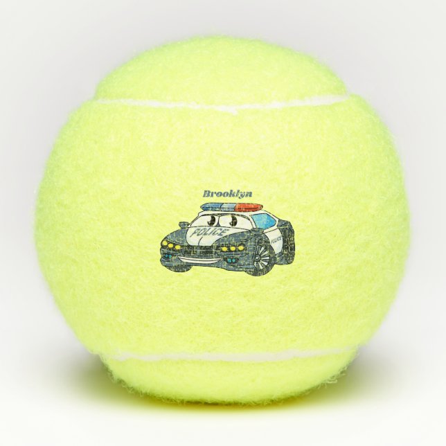 Cute happy police car cartoon illustration tennis balls (Front)