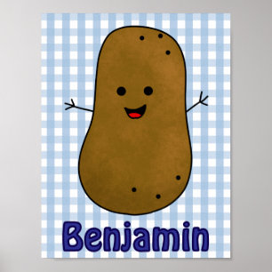 Cute Happy Potato Blue Gingham Custom Poster