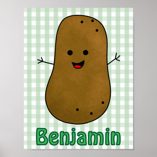 Cute Happy Potato Green Gingham Custom Poster (Front)