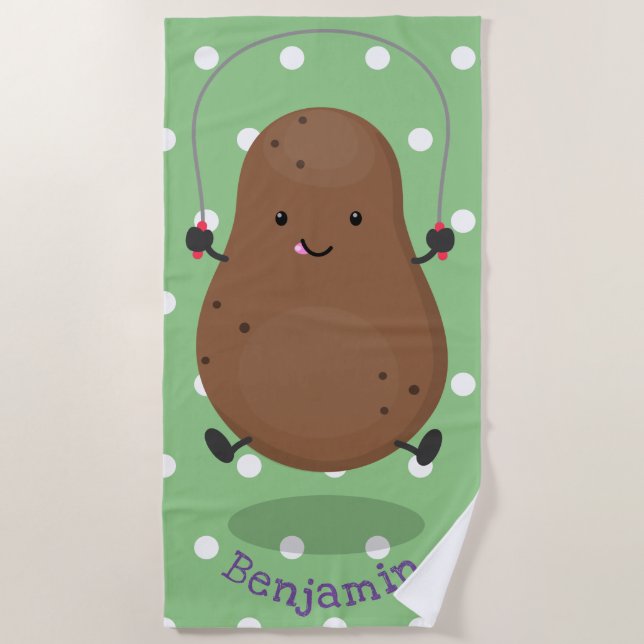 Cute happy potato jumping rope cartoon beach towel (Front)
