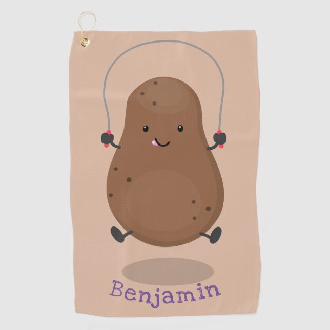 Cute happy potato jumping rope cartoon  golf towel (Front)