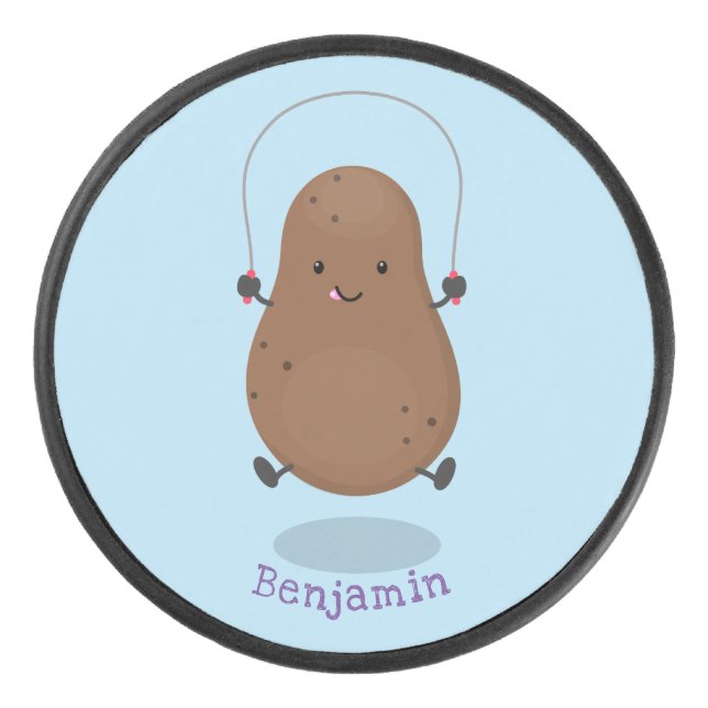 Cute happy potato jumping rope cartoon hockey puck (Front)