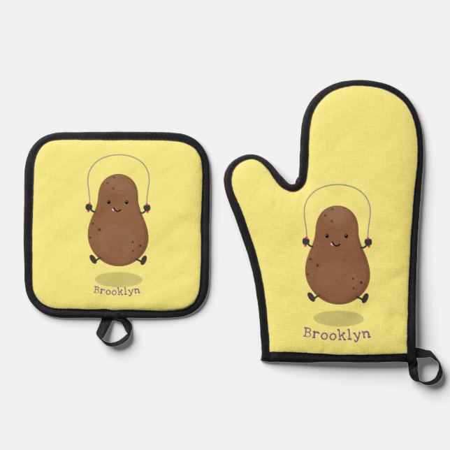 Cute happy potato jumping rope cartoon oven mitt & pot holder set (Front)