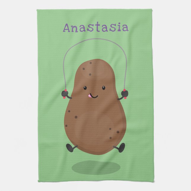 Cute happy potato jumping rope cartoon tea towel (Vertical)