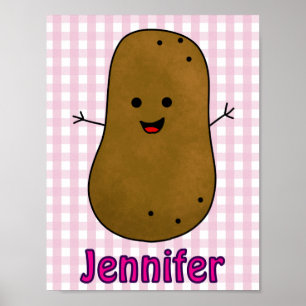 Cute Happy Potato Pink Gingham Custom Poster