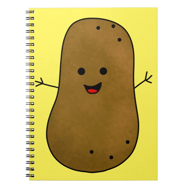 Cute Happy Potato, Yellow Background Notebook (Front)