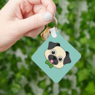 Cute Happy Pug Dog with Papillon Key Ring