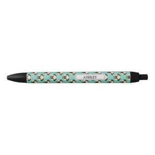 Cute Happy Pug Dog with Papillon   Personalise Black Ink Pen
