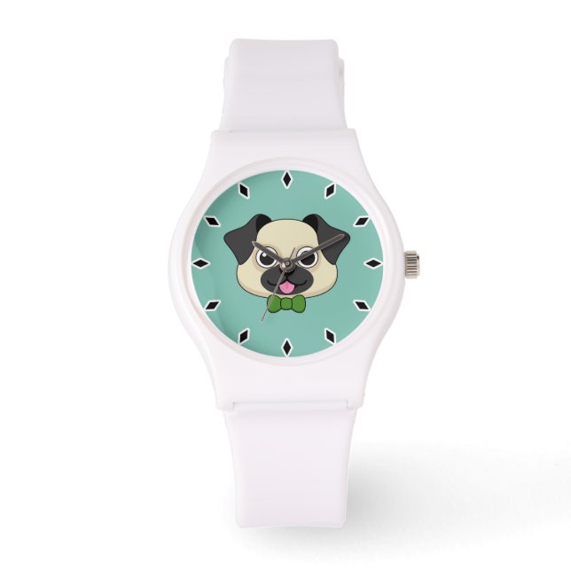 Cute Happy Pug Dog with Papillon Watch (Front)