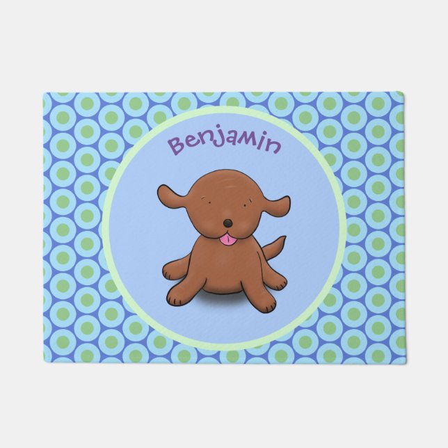 Cute happy puppy dog blue cartoon illustration doormat (Front)