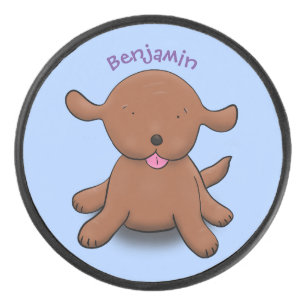 Cute happy puppy dog blue cartoon illustration hockey puck
