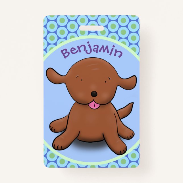 Cute happy puppy dog blue cartoon illustration ID badge (Front)
