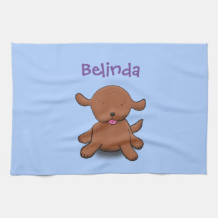 Cute happy puppy dog blue cartoon illustration tea towel