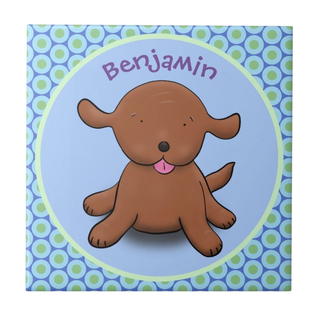 Cute happy puppy dog blue cartoon illustration tile (Front)