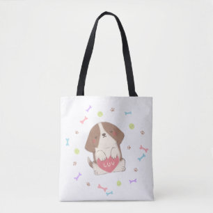 Cute Happy Puppy with LUV Illustration Tote Bag