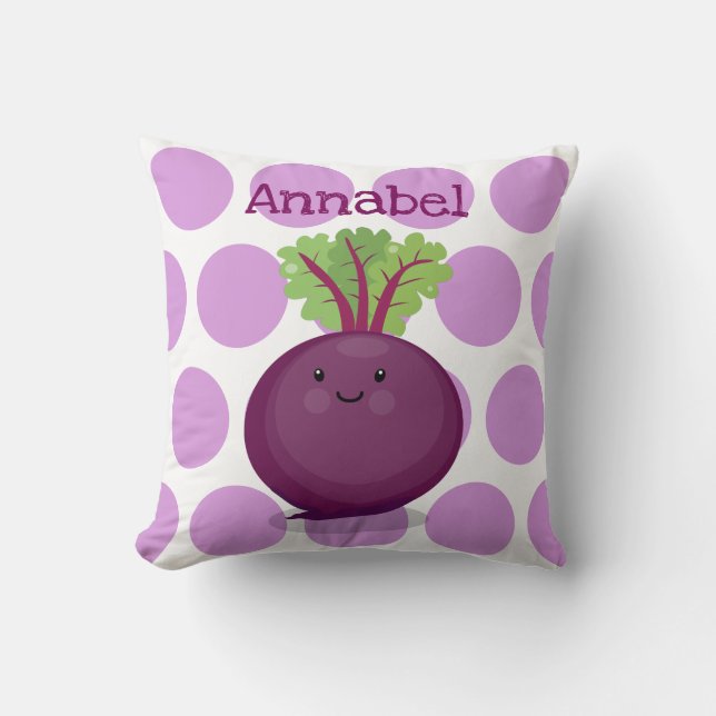 Cute happy purple beet cartoon illustration cushion (Front)