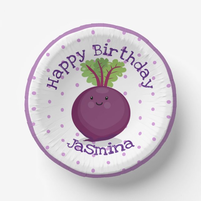 Cute happy purple beet cartoon illustration paper plate (Front)