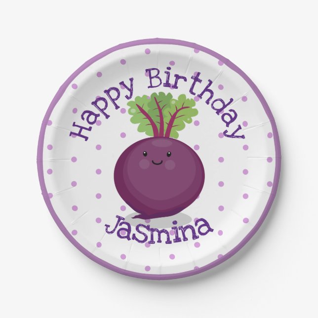 Cute happy purple beet cartoon illustration paper plate (Front)