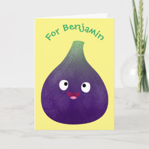 Cute happy purple fig fruit cartoon card