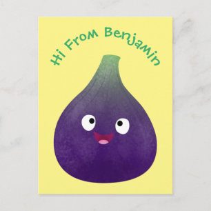 Cute happy purple fig fruit cartoon postcard