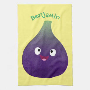 Cute happy purple fig fruit cartoon tea towel