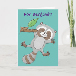 Cute happy raccoon baby cartoon illustration card