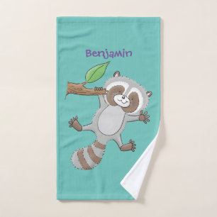 Cute happy racoon baby cartoon illustration bath towel set
