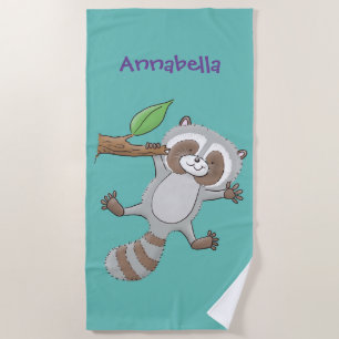 Cute happy racoon baby cartoon illustration beach towel