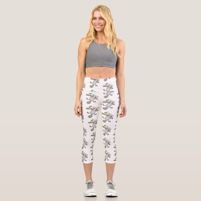 Cute happy racoon baby cartoon illustration capri leggings (Front)