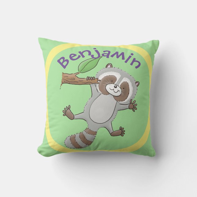 Cute happy racoon baby cartoon illustration cushion (Front)