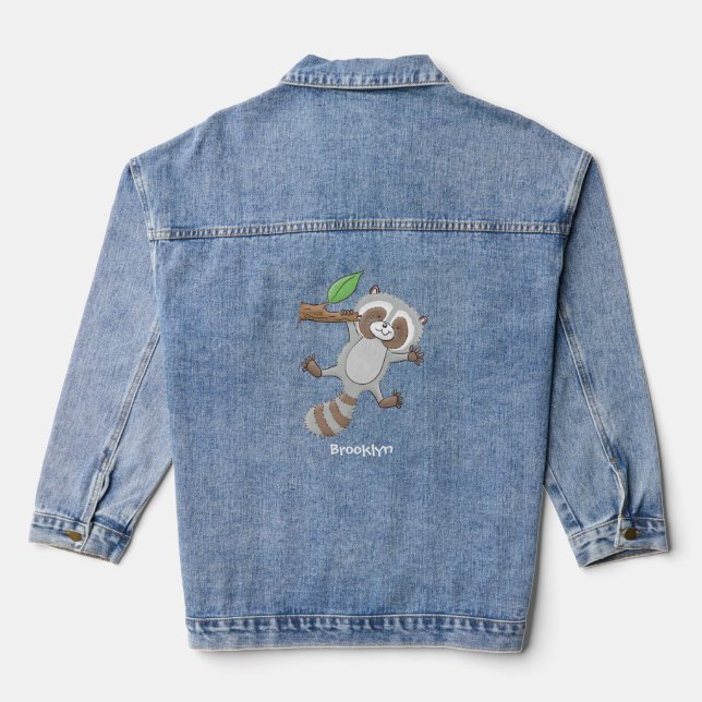 Cute happy racoon baby cartoon illustration denim jacket (Back)